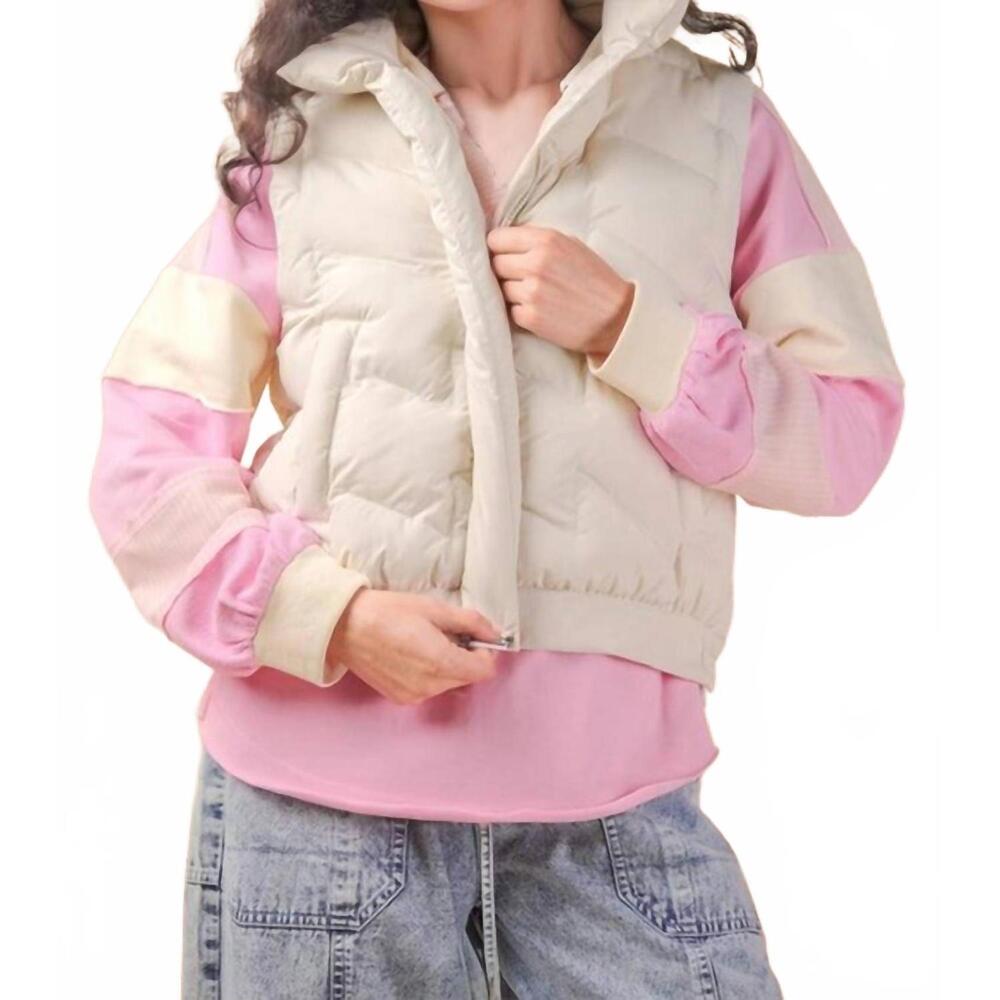 NEW VERY J mock neck puffer tie vest in ecru